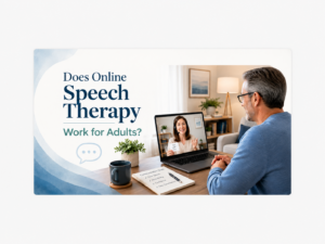 Adult receiving online speech therapy from a speech language pathologist through a laptop at home.