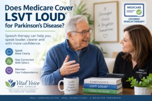Older adult with Parkinson’s talking with a speech therapist about LSVT LOUD and Medicare coverage for speech therapy